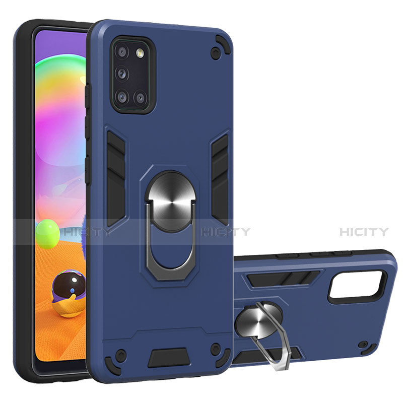 Funda Bumper Silicona y Plastico Mate Carcasa con Magnetico Anillo de dedo Soporte para Samsung Galaxy A31 Azul