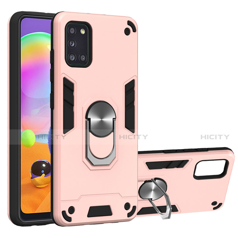 Funda Bumper Silicona y Plastico Mate Carcasa con Magnetico Anillo de dedo Soporte para Samsung Galaxy A31 Oro Rosa