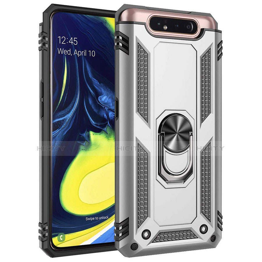 Funda Bumper Silicona y Plastico Mate Carcasa con Magnetico Anillo de dedo Soporte para Samsung Galaxy A80 Plata