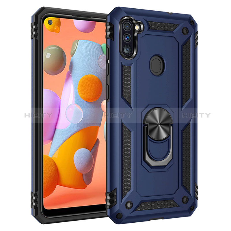 Funda Bumper Silicona y Plastico Mate Carcasa con Magnetico Anillo de dedo Soporte para Samsung Galaxy M11 Azul