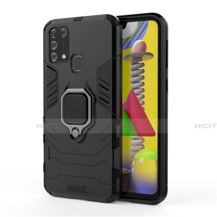 Funda Bumper Silicona y Plastico Mate Carcasa con Magnetico Anillo de dedo Soporte para Samsung Galaxy M31 Negro