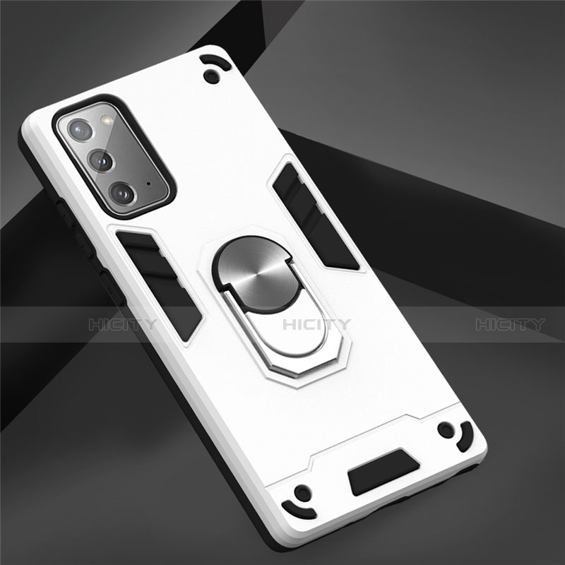 Funda Bumper Silicona y Plastico Mate Carcasa con Magnetico Anillo de dedo Soporte para Samsung Galaxy Note 20 Plus 5G Blanco