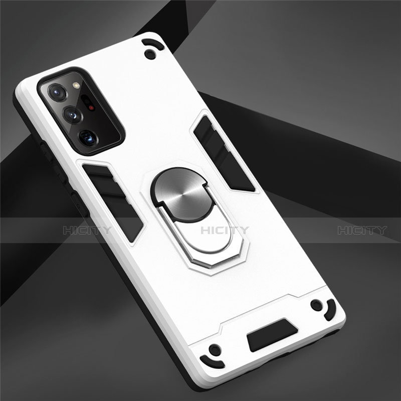 Funda Bumper Silicona y Plastico Mate Carcasa con Magnetico Anillo de dedo Soporte para Samsung Galaxy Note 20 Ultra 5G Blanco