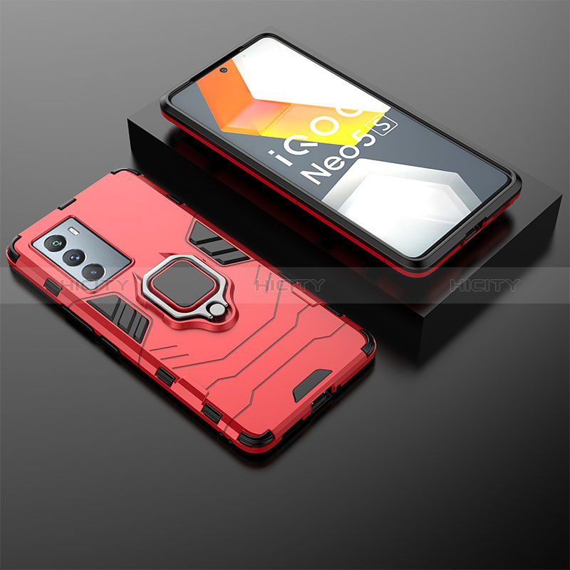 Funda Bumper Silicona y Plastico Mate Carcasa con Magnetico Anillo de dedo Soporte para Vivo iQOO Neo5S 5G Rojo