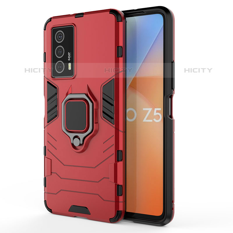 Funda Bumper Silicona y Plastico Mate Carcasa con Magnetico Anillo de dedo Soporte para Vivo iQOO Z5 5G Rojo