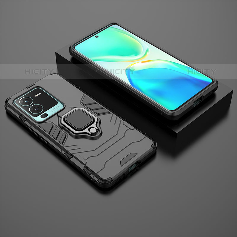 Funda Bumper Silicona y Plastico Mate Carcasa con Magnetico Anillo de dedo Soporte para Vivo V25 Pro 5G Negro