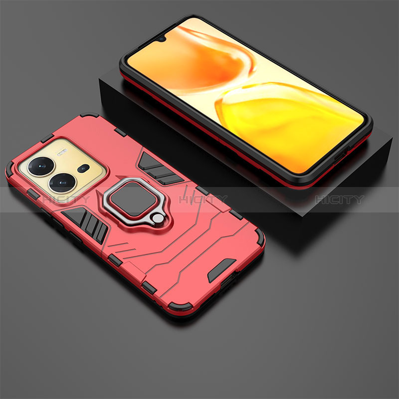 Funda Bumper Silicona y Plastico Mate Carcasa con Magnetico Anillo de dedo Soporte para Vivo V25e Rojo