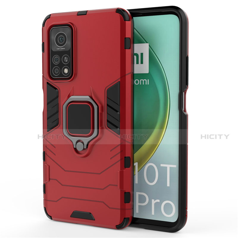 Funda Bumper Silicona y Plastico Mate Carcasa con Magnetico Anillo de dedo Soporte para Xiaomi Mi 10T 5G Rojo