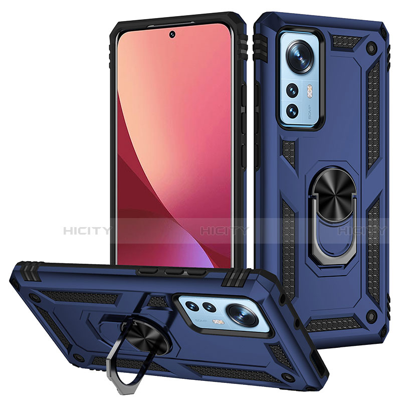 Funda Bumper Silicona y Plastico Mate Carcasa con Magnetico Anillo de dedo Soporte para Xiaomi Mi 12 5G Azul