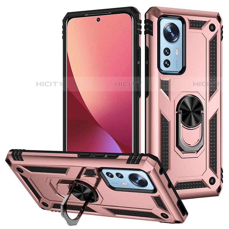 Funda Bumper Silicona y Plastico Mate Carcasa con Magnetico Anillo de dedo Soporte para Xiaomi Mi 12S Pro 5G Oro Rosa