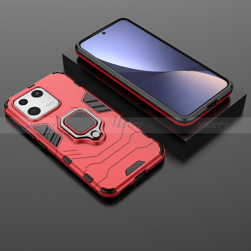 Funda Bumper Silicona y Plastico Mate Carcasa con Magnetico Anillo de dedo Soporte para Xiaomi Mi 13 5G Rojo