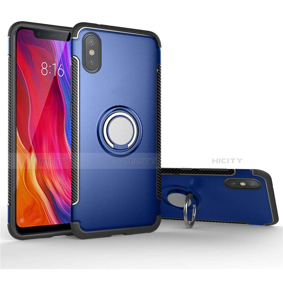 Funda Bumper Silicona y Plastico Mate Carcasa con Magnetico Anillo de dedo Soporte para Xiaomi Mi 8 Pro Global Version Azul