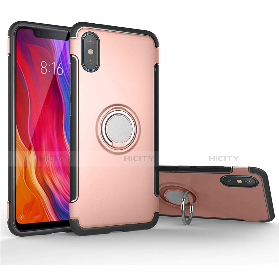 Funda Bumper Silicona y Plastico Mate Carcasa con Magnetico Anillo de dedo Soporte para Xiaomi Mi 8 Pro Global Version Oro Rosa