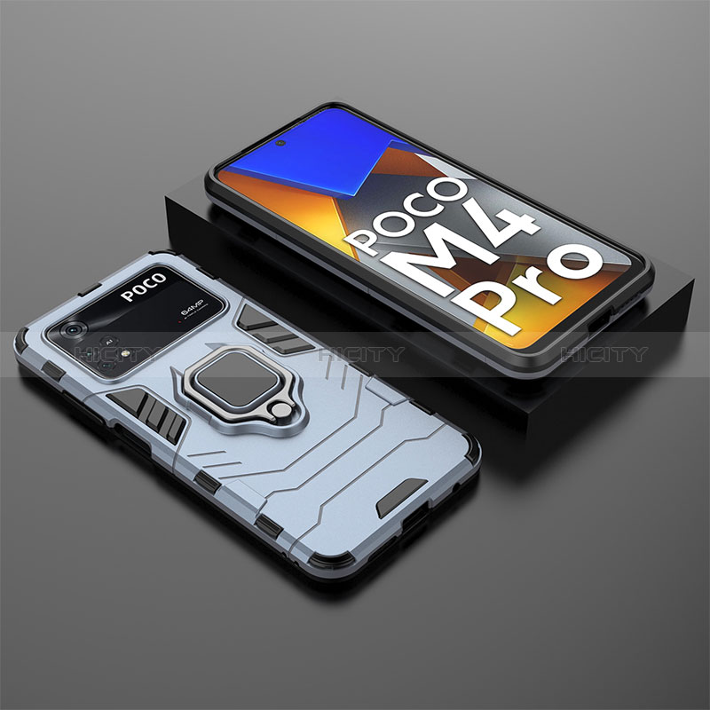 Funda Bumper Silicona y Plastico Mate Carcasa con Magnetico Anillo de dedo Soporte para Xiaomi Poco M4 Pro 4G Azul