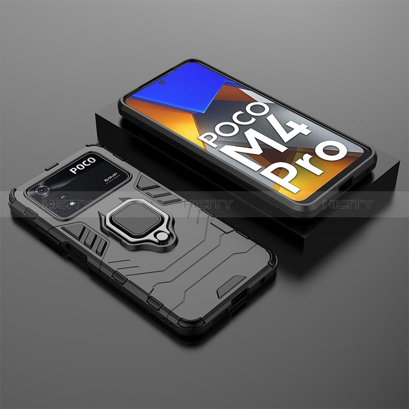 Funda Bumper Silicona y Plastico Mate Carcasa con Magnetico Anillo de dedo Soporte para Xiaomi Poco M4 Pro 4G Negro