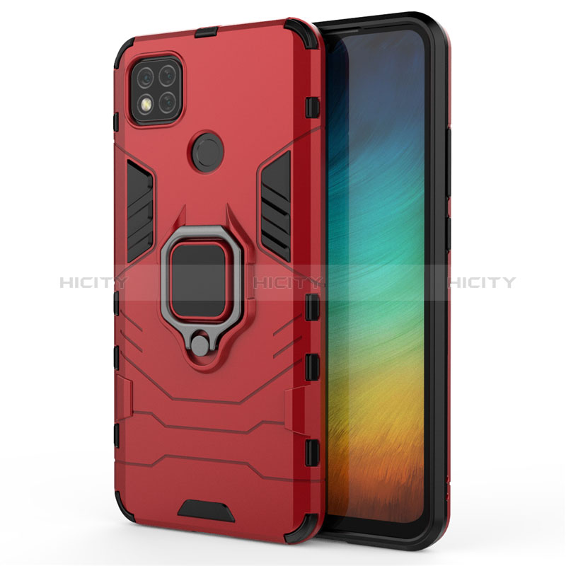Funda Bumper Silicona y Plastico Mate Carcasa con Magnetico Anillo de dedo Soporte para Xiaomi Redmi 10A 4G Rojo