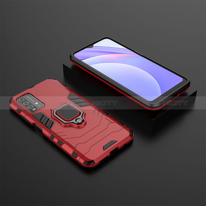 Funda Bumper Silicona y Plastico Mate Carcasa con Magnetico Anillo de dedo Soporte para Xiaomi Redmi 9 Power Rojo