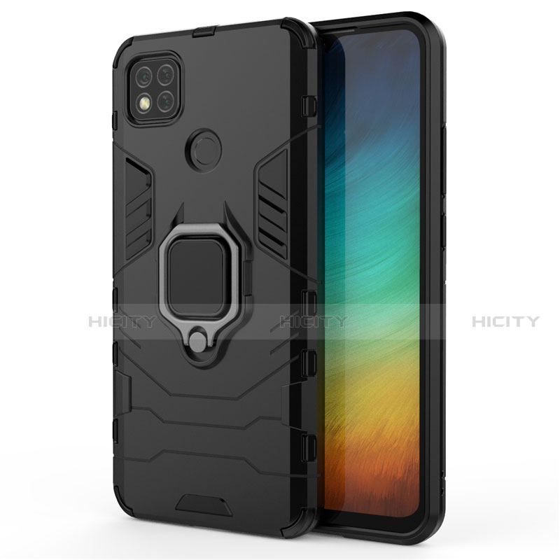 Funda Bumper Silicona y Plastico Mate Carcasa con Magnetico Anillo de dedo Soporte para Xiaomi Redmi 9C NFC Negro