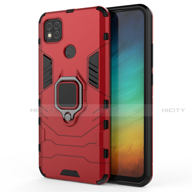 Funda Bumper Silicona y Plastico Mate Carcasa con Magnetico Anillo de dedo Soporte para Xiaomi Redmi 9C NFC Rojo