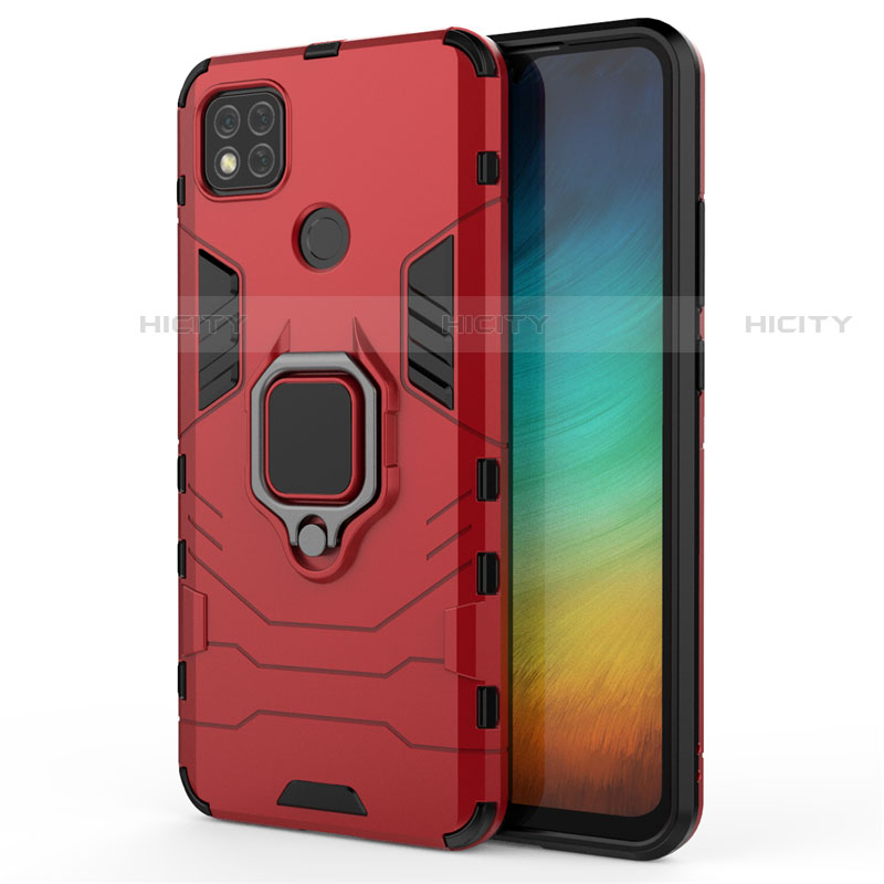 Funda Bumper Silicona y Plastico Mate Carcasa con Magnetico Anillo de dedo Soporte para Xiaomi Redmi 9C Rojo