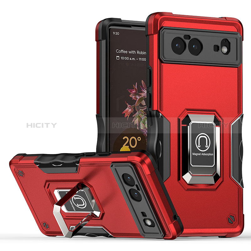 Funda Bumper Silicona y Plastico Mate Carcasa con Magnetico Anillo de dedo Soporte QW1 para Google Pixel 6 5G Rojo