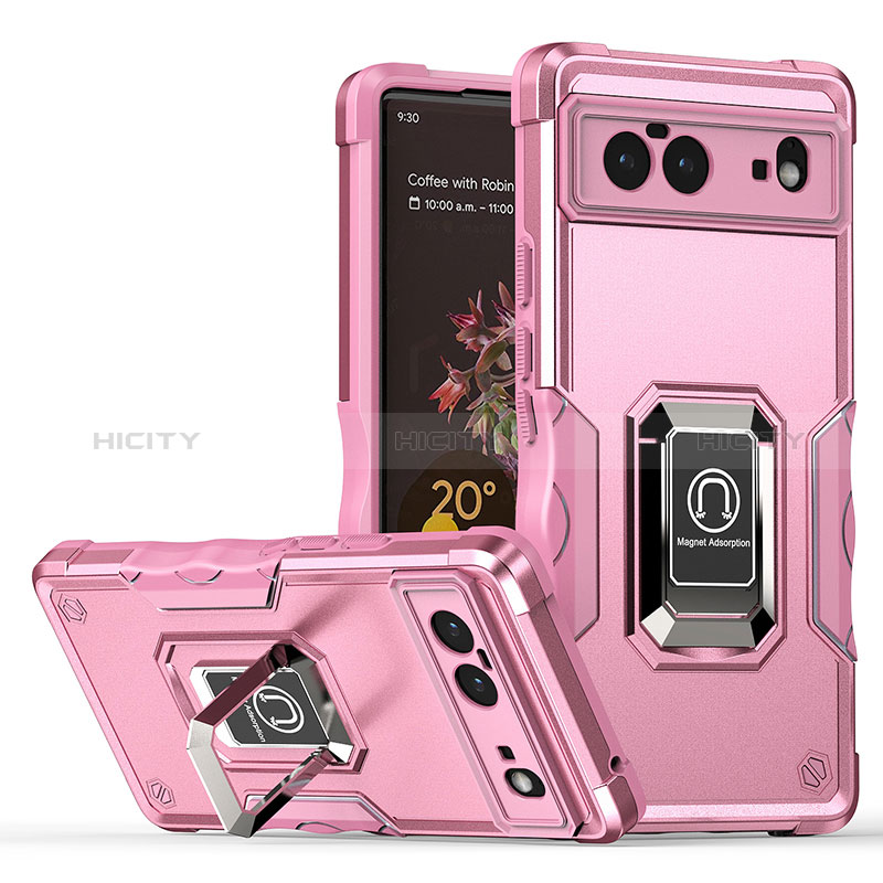 Funda Bumper Silicona y Plastico Mate Carcasa con Magnetico Anillo de dedo Soporte QW1 para Google Pixel 6 5G Rosa