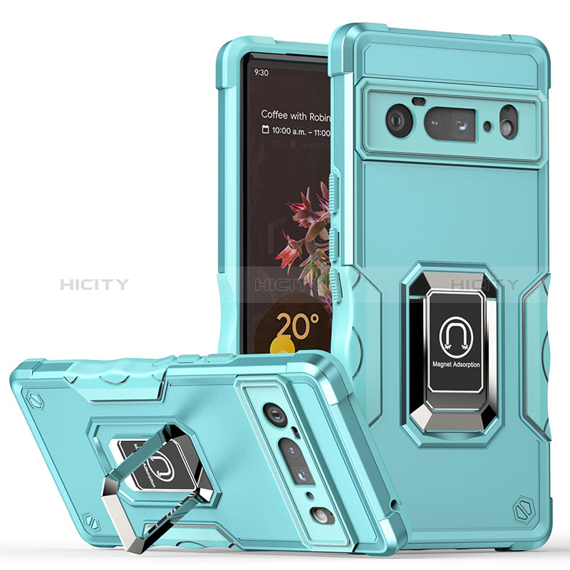 Funda Bumper Silicona y Plastico Mate Carcasa con Magnetico Anillo de dedo Soporte QW1 para Google Pixel 6 Pro 5G Azul Claro