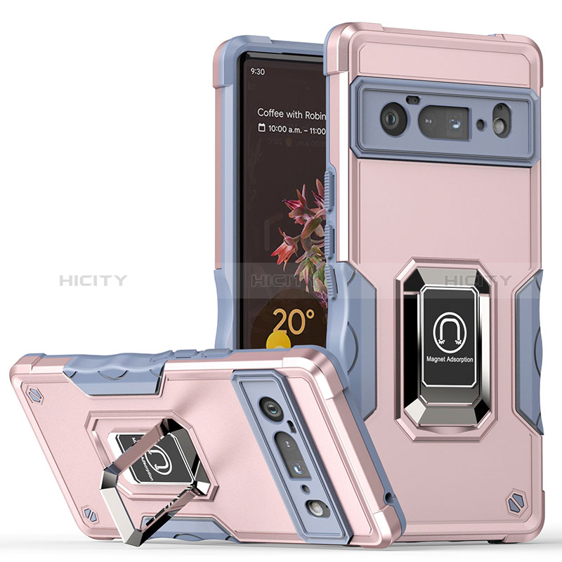 Funda Bumper Silicona y Plastico Mate Carcasa con Magnetico Anillo de dedo Soporte QW1 para Google Pixel 6 Pro 5G Oro Rosa