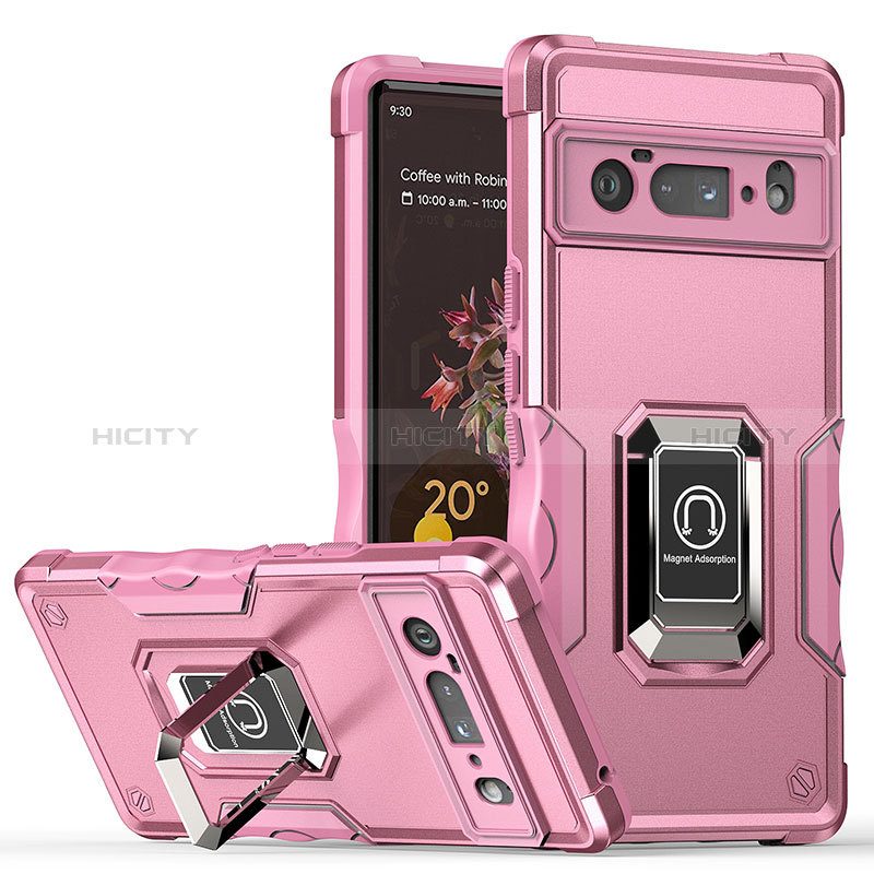 Funda Bumper Silicona y Plastico Mate Carcasa con Magnetico Anillo de dedo Soporte QW1 para Google Pixel 6 Pro 5G Rosa