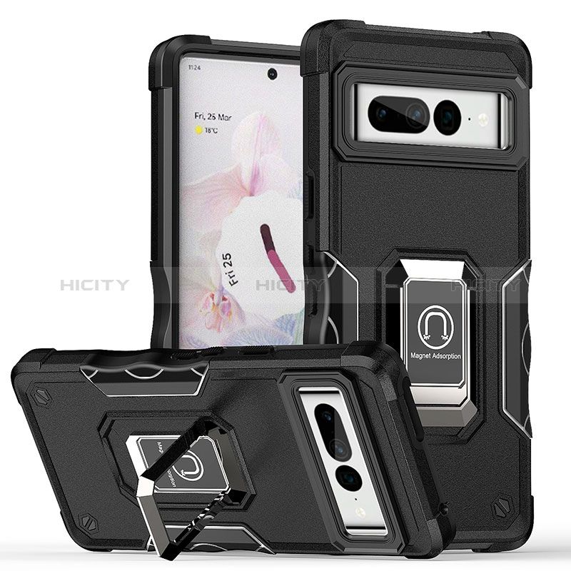 Funda Bumper Silicona y Plastico Mate Carcasa con Magnetico Anillo de dedo Soporte QW1 para Google Pixel 7 Pro 5G