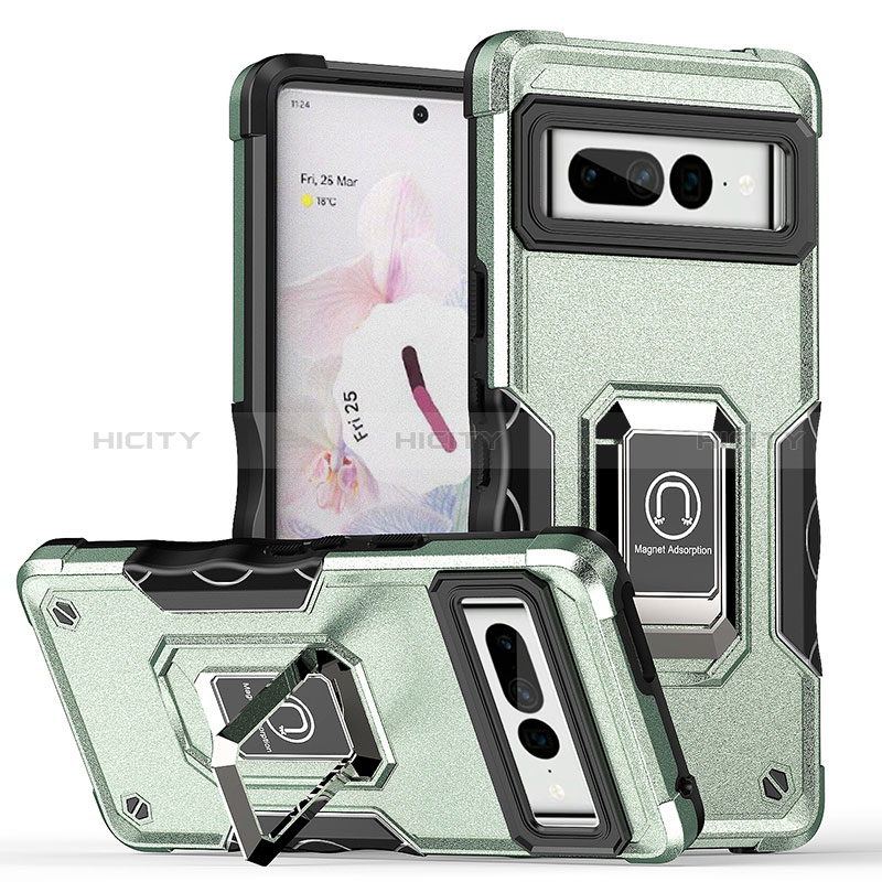 Funda Bumper Silicona y Plastico Mate Carcasa con Magnetico Anillo de dedo Soporte QW1 para Google Pixel 7 Pro 5G Menta Verde