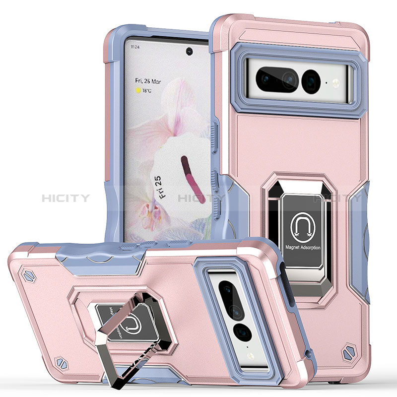 Funda Bumper Silicona y Plastico Mate Carcasa con Magnetico Anillo de dedo Soporte QW1 para Google Pixel 7 Pro 5G Oro Rosa