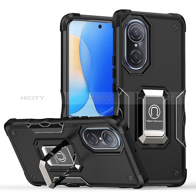 Funda Bumper Silicona y Plastico Mate Carcasa con Magnetico Anillo de dedo Soporte QW1 para Huawei Nova 9 Negro