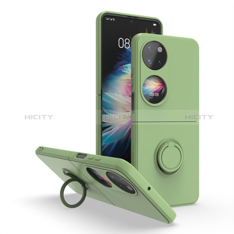 Funda Bumper Silicona y Plastico Mate Carcasa con Magnetico Anillo de dedo Soporte QW1 para Huawei P60 Pocket Ejercito Verde