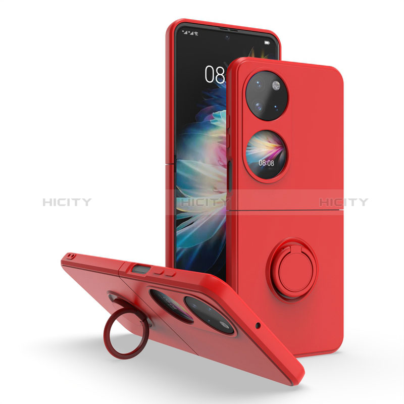 Funda Bumper Silicona y Plastico Mate Carcasa con Magnetico Anillo de dedo Soporte QW1 para Huawei P60 Pocket Rojo