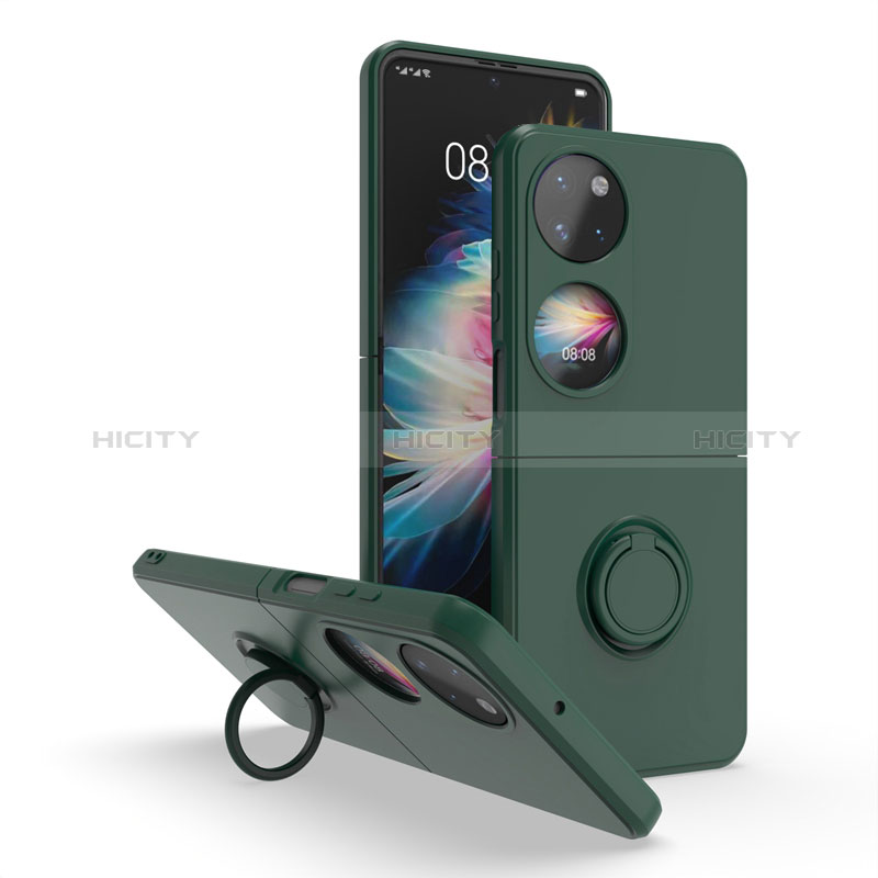 Funda Bumper Silicona y Plastico Mate Carcasa con Magnetico Anillo de dedo Soporte QW1 para Huawei P60 Pocket Verde Noche