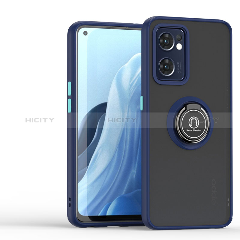 Funda Bumper Silicona y Plastico Mate Carcasa con Magnetico Anillo de dedo Soporte QW1 para Oppo Find X5 Lite 5G Azul