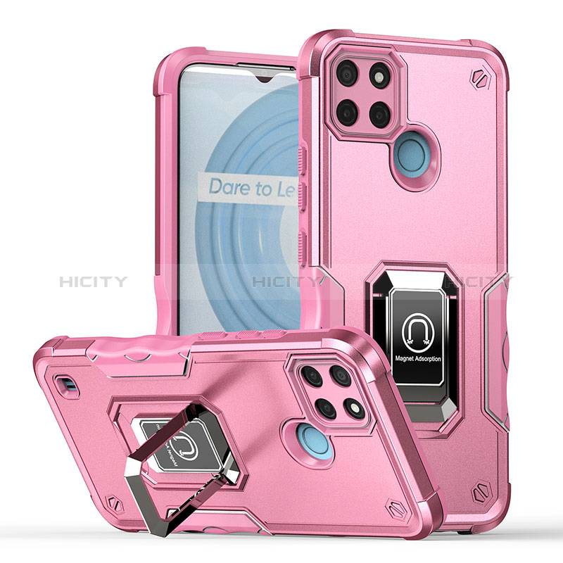 Funda Bumper Silicona y Plastico Mate Carcasa con Magnetico Anillo de dedo Soporte QW1 para Realme C21Y Rosa