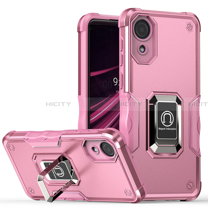 Funda Bumper Silicona y Plastico Mate Carcasa con Magnetico Anillo de dedo Soporte QW1 para Samsung Galaxy A03 Core Oro Rosa