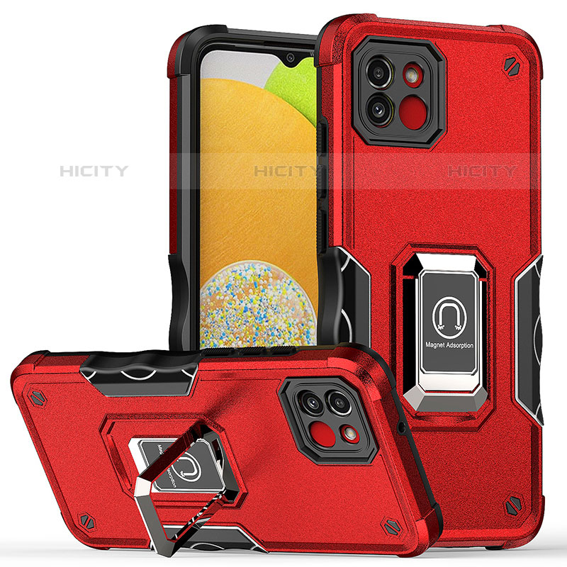 Funda Bumper Silicona y Plastico Mate Carcasa con Magnetico Anillo de dedo Soporte QW1 para Samsung Galaxy A03 Rojo