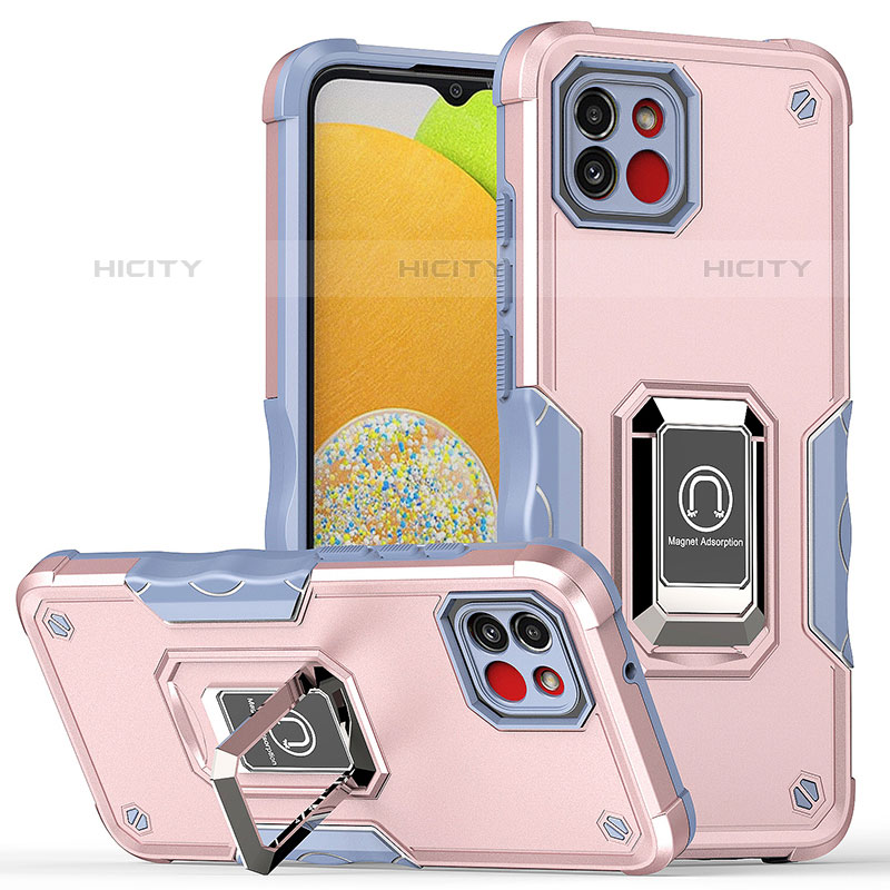 Funda Bumper Silicona y Plastico Mate Carcasa con Magnetico Anillo de dedo Soporte QW1 para Samsung Galaxy A03 Rosa