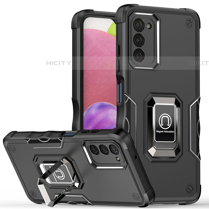 Funda Bumper Silicona y Plastico Mate Carcasa con Magnetico Anillo de dedo Soporte QW1 para Samsung Galaxy A03s Negro