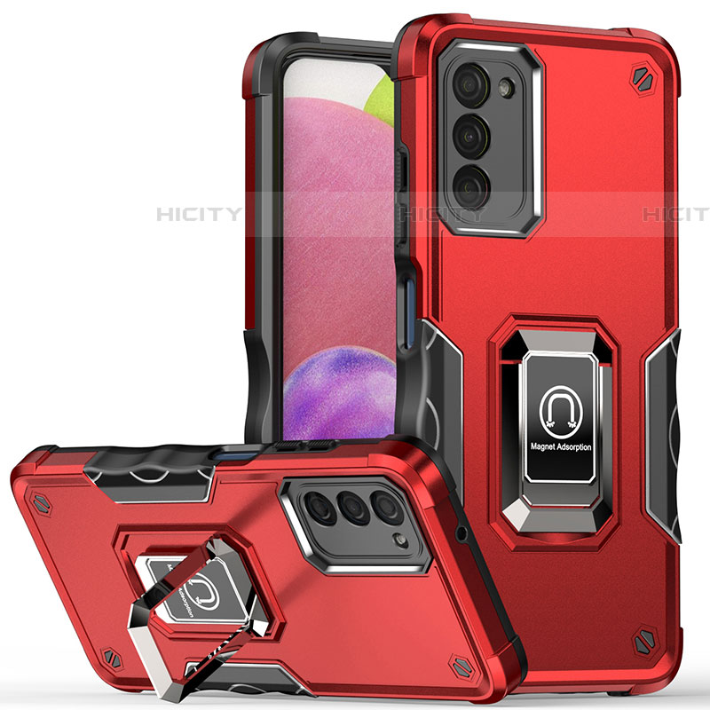 Funda Bumper Silicona y Plastico Mate Carcasa con Magnetico Anillo de dedo Soporte QW1 para Samsung Galaxy A03s Rojo