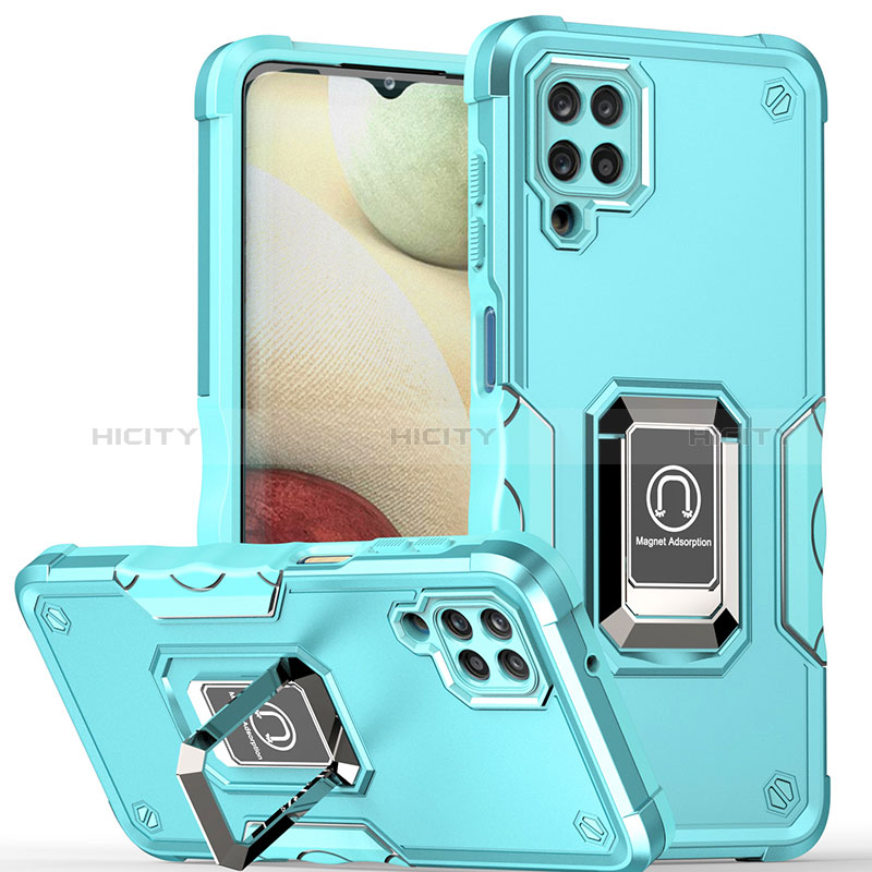 Funda Bumper Silicona y Plastico Mate Carcasa con Magnetico Anillo de dedo Soporte QW1 para Samsung Galaxy A12 5G Azul Claro