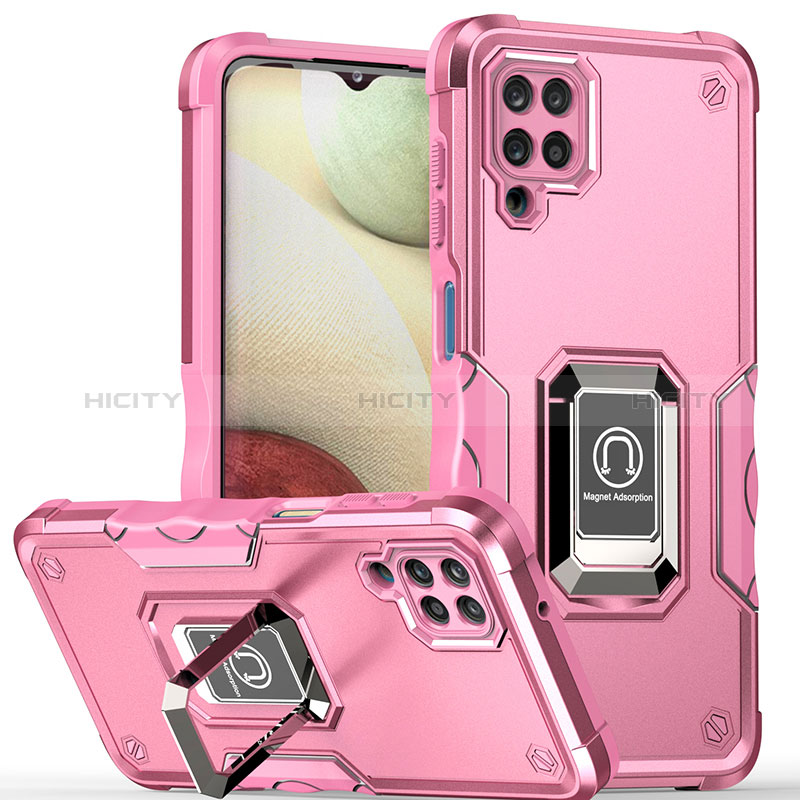 Funda Bumper Silicona y Plastico Mate Carcasa con Magnetico Anillo de dedo Soporte QW1 para Samsung Galaxy A12 5G Oro Rosa