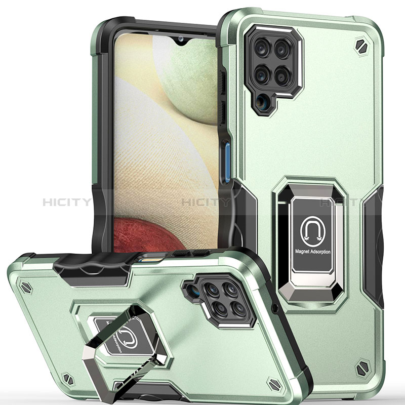 Funda Bumper Silicona y Plastico Mate Carcasa con Magnetico Anillo de dedo Soporte QW1 para Samsung Galaxy A12 Menta Verde