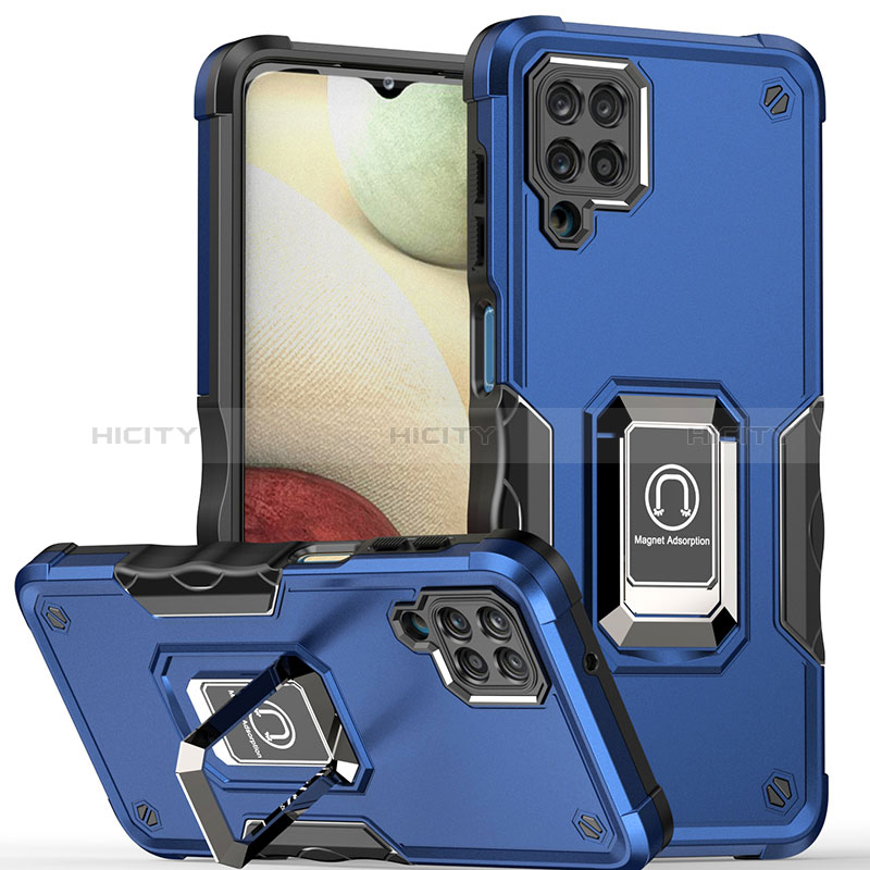 Funda Bumper Silicona y Plastico Mate Carcasa con Magnetico Anillo de dedo Soporte QW1 para Samsung Galaxy A12 Nacho Azul