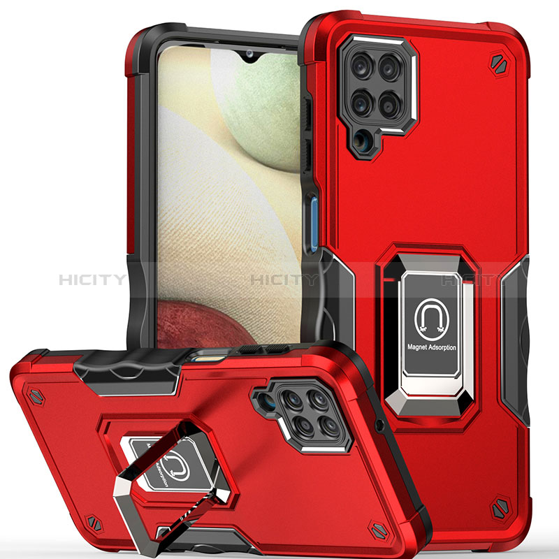 Funda Bumper Silicona y Plastico Mate Carcasa con Magnetico Anillo de dedo Soporte QW1 para Samsung Galaxy A12 Nacho Rojo