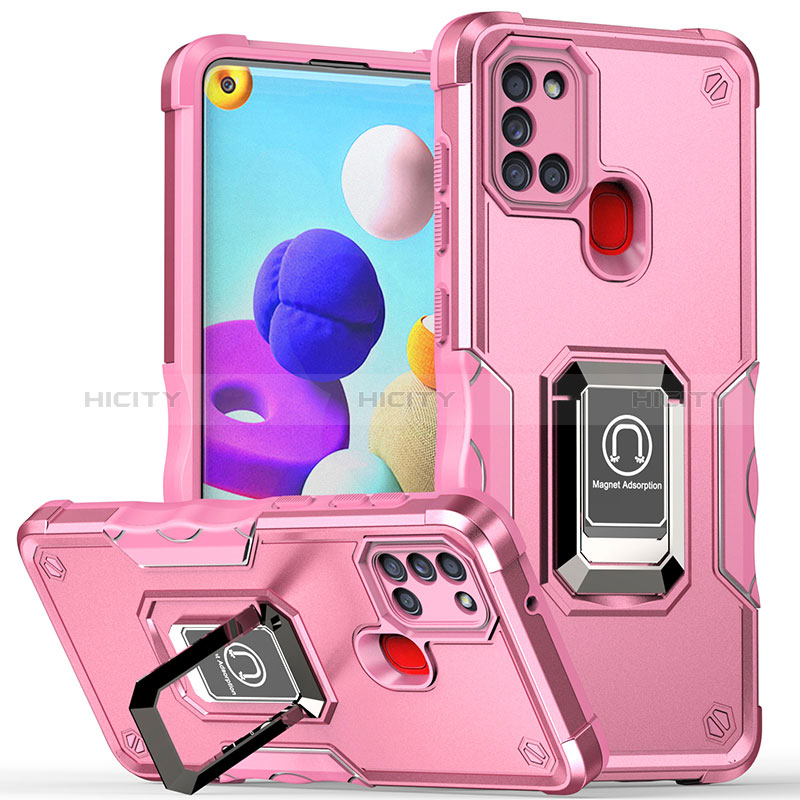 Funda Bumper Silicona y Plastico Mate Carcasa con Magnetico Anillo de dedo Soporte QW1 para Samsung Galaxy A21s