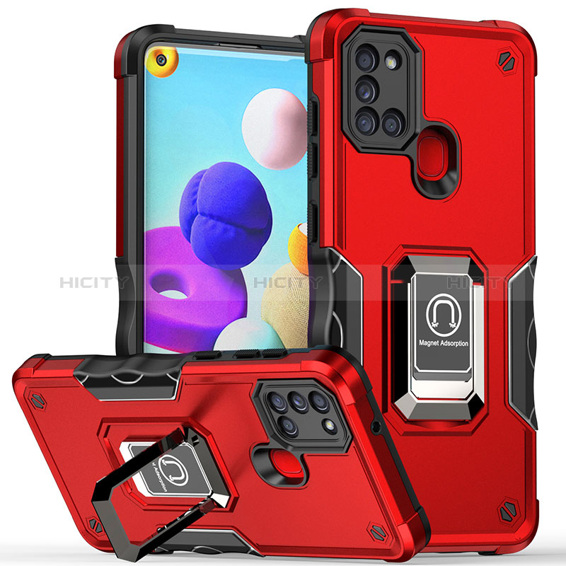 Funda Bumper Silicona y Plastico Mate Carcasa con Magnetico Anillo de dedo Soporte QW1 para Samsung Galaxy A21s Rojo